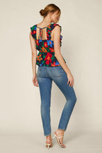 Navy Blue Floral Print Ruched Front Ruffle Sleeve Peplum Top