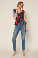 Navy Blue Floral Print Ruched Front Ruffle Sleeve Peplum Top