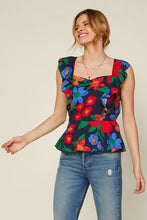 Navy Blue Floral Print Ruched Front Ruffle Sleeve Peplum Top