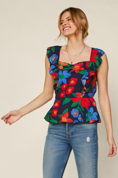 Navy Blue Floral Print Ruched Front Ruffle Sleeve Peplum Top