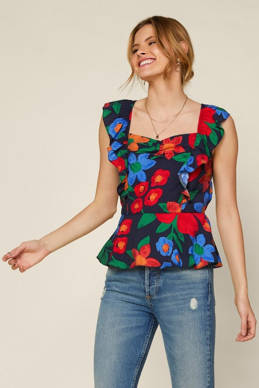 Navy Blue Floral Print Ruched Front Ruffle Sleeve Peplum Top