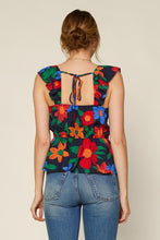 Navy Blue Floral Print Ruched Front Ruffle Sleeve Peplum Top