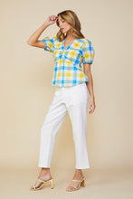 Blue Yellow Front Twist Gingham Print Back Tie Peplum Top