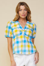 Blue Yellow Front Twist Gingham Print Back Tie Peplum Top