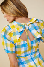 Blue Yellow Front Twist Gingham Print Back Tie Peplum Top
