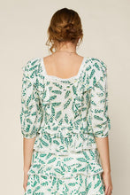 White Green Printed Swiss Dot Lace Ruffle Peasant Top