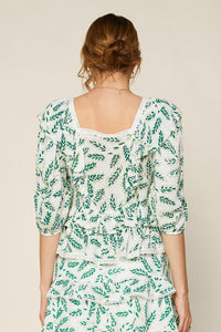 White Green Printed Swiss Dot Lace Ruffle Peasant Top