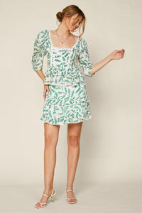 White Green Printed Swiss Dot Lace Ruffle Peasant Top