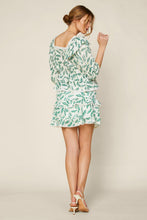 White Green Printed Swiss Dot Lace Ruffle Peasant Top