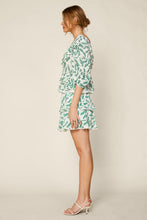 White Green Printed Swiss Dot Lace Ruffle Peasant Top