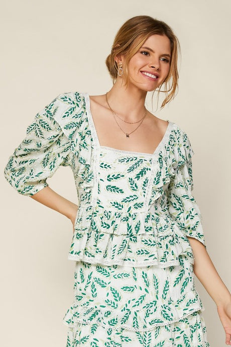 White Green Printed Swiss Dot Lace Ruffle Peasant Top