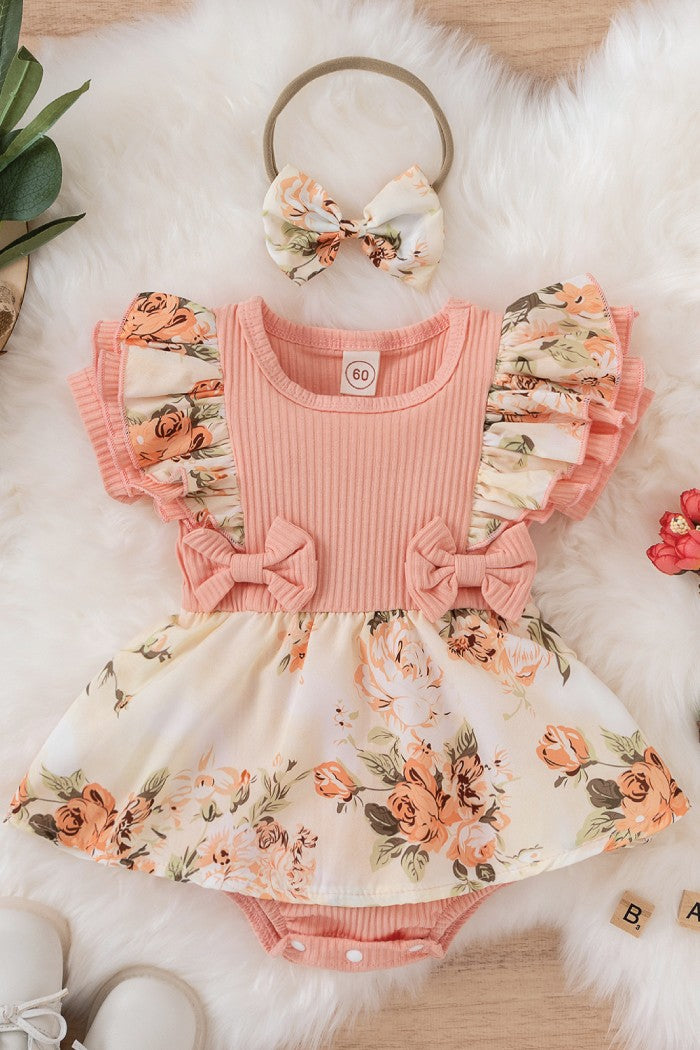 Peach Infant/Toddler Flower Print Onesies With Bow