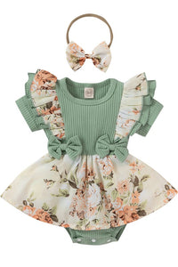 Mint Infant/Toddler Flower Print Onesies With Bow