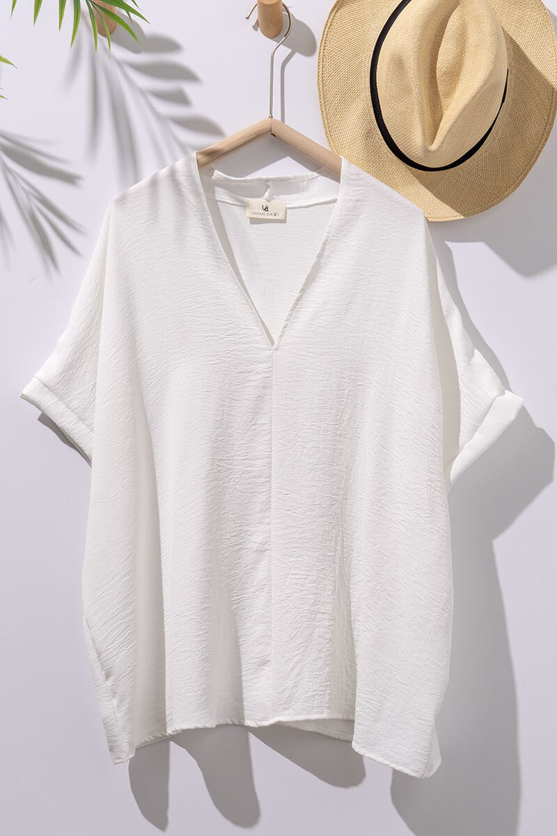 Ivory Oversized Vneck Folded Short Sleeve Top