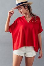 Fiery Red Oversized Vneck Folded Short Sleeve Top