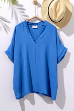 Blue Oversized Vneck Folded Short Sleeve Top