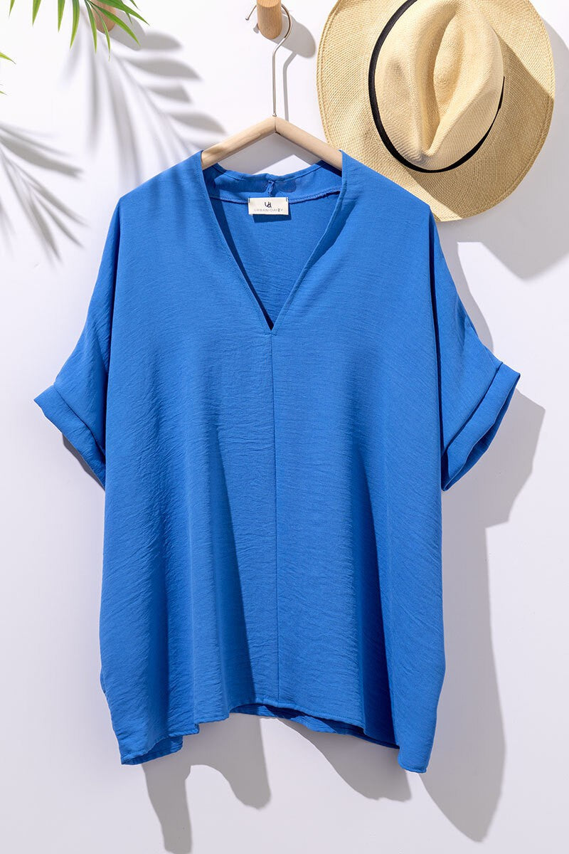 Blue Oversized Vneck Folded Short Sleeve Top