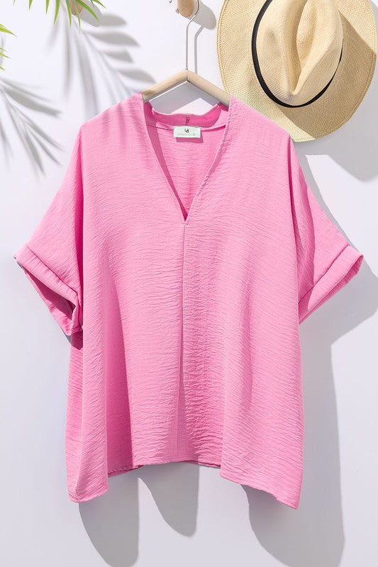 Pink Oversized Vneck Folded Short Sleeve Top