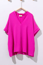 Hot Pink Oversized Vneck Folded Short Sleeve Top