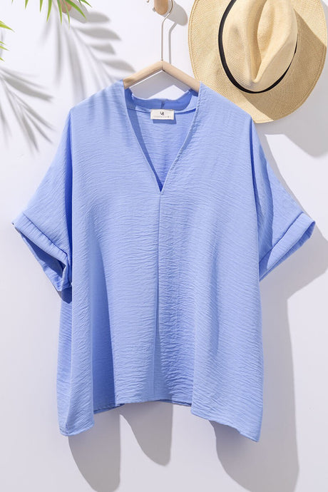 Light Blue Oversized Vneck Folded Short Sleeve Top