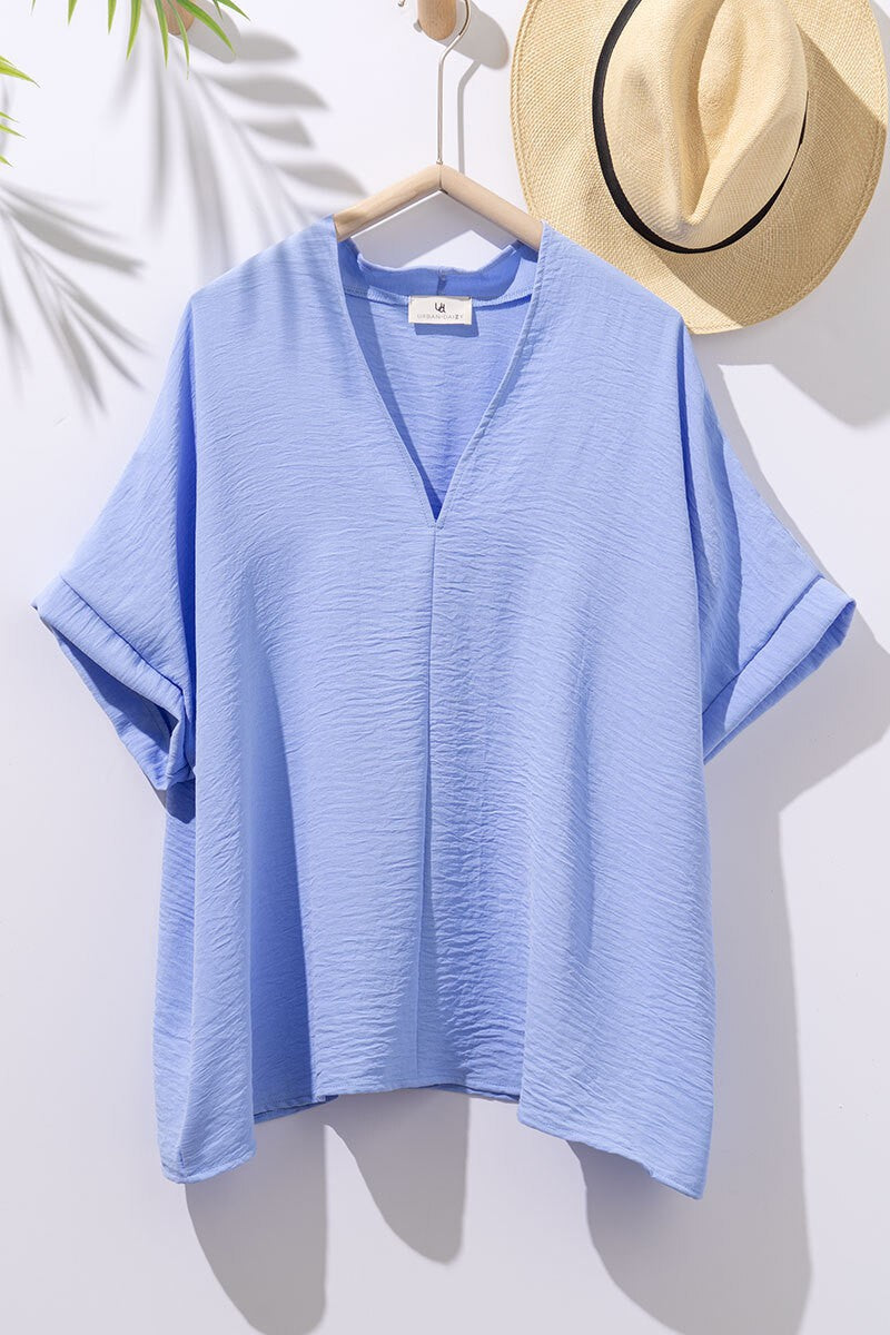 Light Blue Oversized Vneck Folded Short Sleeve Top