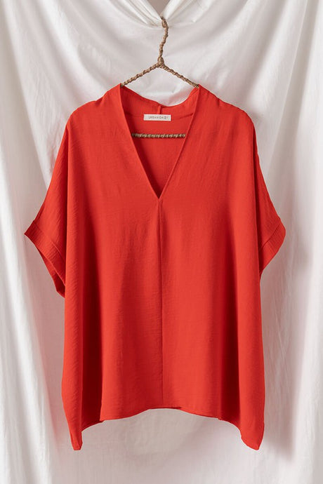 Tomato Red Oversized Vneck Folded Short Sleeve Top