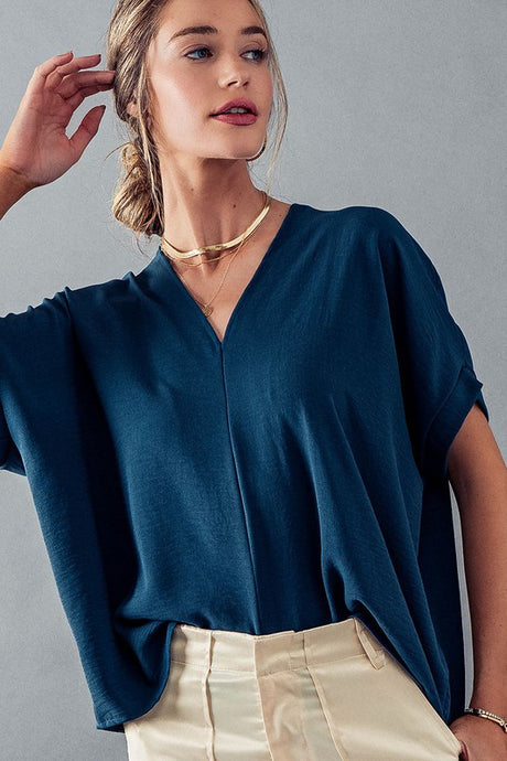 Teal Oversized Vneck Folded Short Sleeve Top