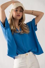 Blue Oversized Vneck Folded Short Sleeve Top