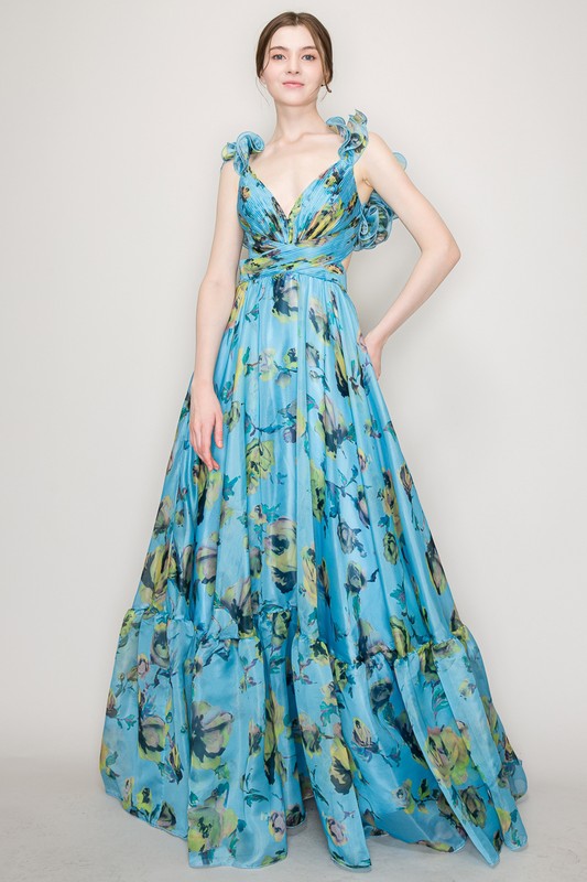 Blue Organza Ruffle Shoulders Floral Tulle Maxi Dress