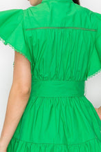 Green Cotton Flutter Sleeves Tiered Skirt With Belt Mini