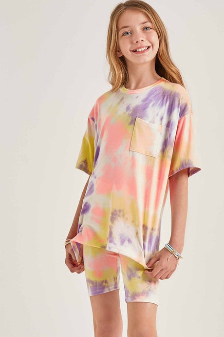 Purple Tie Dye Print Top and Biker Pants Set