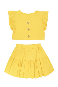 Yellow Toddler'S Ribbed Texture 2pc Skirt Set W/ Ruffle Sleeve Top