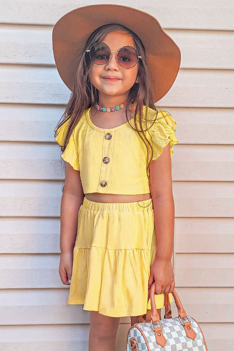 Yellow Toddler'S Ribbed Texture 2pc Skirt Set W/ Ruffle Sleeve Top