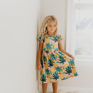 Kids Tropical Lemon Flutter Sleeve Spring Dress