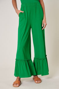 Kelly-Green Ryder Ruffle Wide Leg Cotton Knit Pants