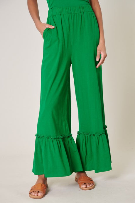 Kelly-Green Ryder Ruffle Wide Leg Cotton Knit Pants