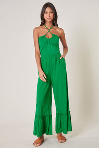 Kelly-Green Ryder Ruffle Wide Leg Cotton Knit Pants