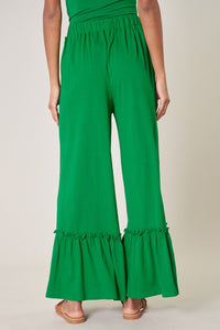 Kelly-Green Ryder Ruffle Wide Leg Cotton Knit Pants