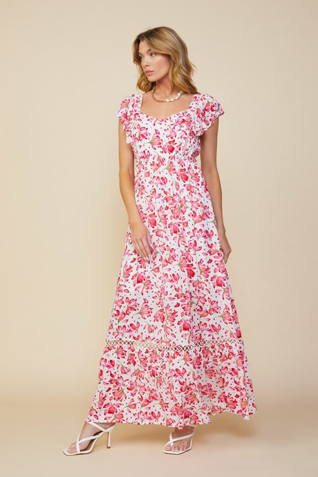 Ivory Red Ruffle Sleeve Floral Swiss Dot Shirred Maxi Dress