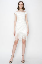 White Fringe Bateau Neck Stretch Mini Dress