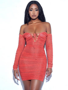 Blanca Poppy Off Shoulder Mesh Dress With Crystals