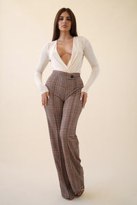 Rust/Combo Pants Asymmetrical High Waisted Plaid Pants