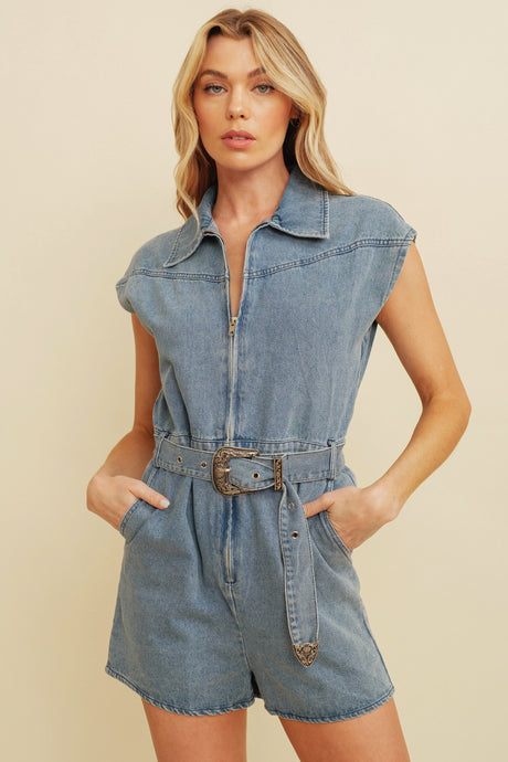 Denim Sleeveless Zip Up Belted Jean Romper