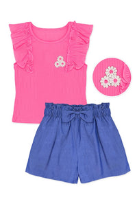 Bright Pink Toddler's 2 pc Short Set W/ Soft Ribbed Ruffle Sleeve & Chambray Short