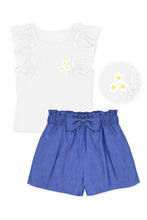 White Toddler's 2 pc Short Set W/ Soft Ribbed Ruffle Sleeve & Chambray Short