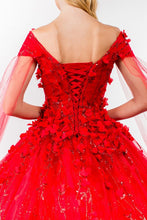Red Floral Applique Glitter Quinceanera Ballgown