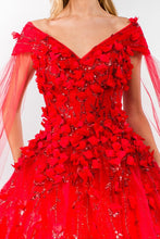Red Floral Applique Glitter Quinceanera Ballgown