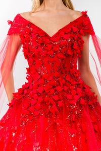 Red Floral Applique Glitter Quinceanera Ballgown