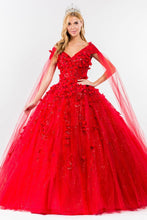 Red Floral Applique Glitter Quinceanera Ballgown