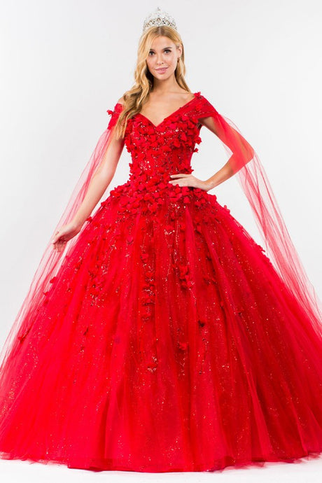 Red Floral Applique Glitter Quinceanera Ballgown